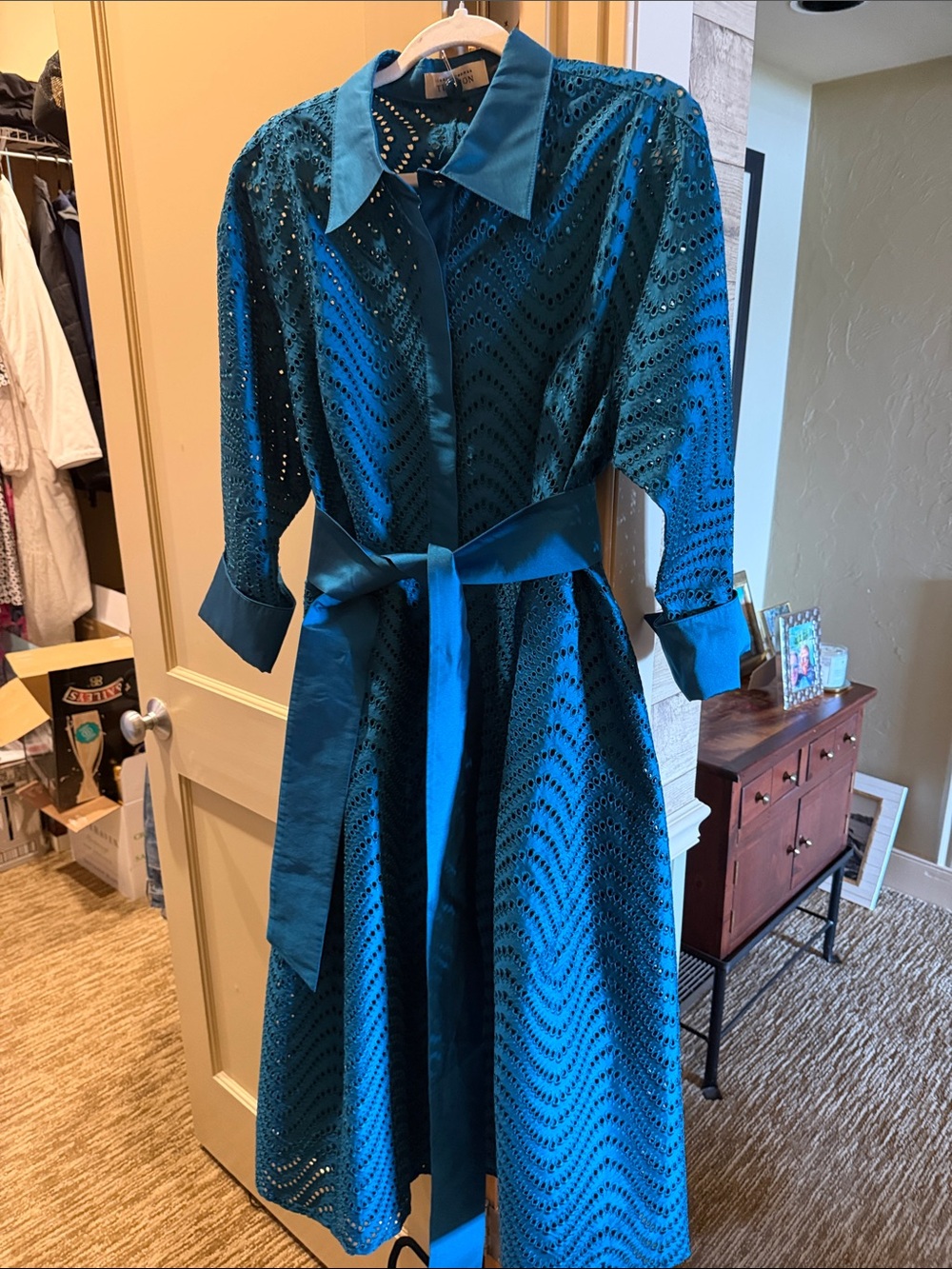 Teri Jon Teal Eyelet Shirt Midi Dress with Sash